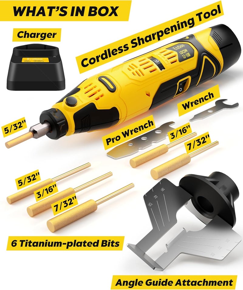 EzzDoo Electric Cordless Chainsaw Sharpener Kit - Portable 12V Chain Saw Sharpener Tool with 6 Titanium-Coated Diamond Bits(Wheels) & Angle Guide - Easy to Use for All Chainsaw Chains. - Image 3